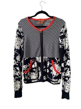Tory Burch Navy White Floral Geometric Zip Front Cotton Cardigan M